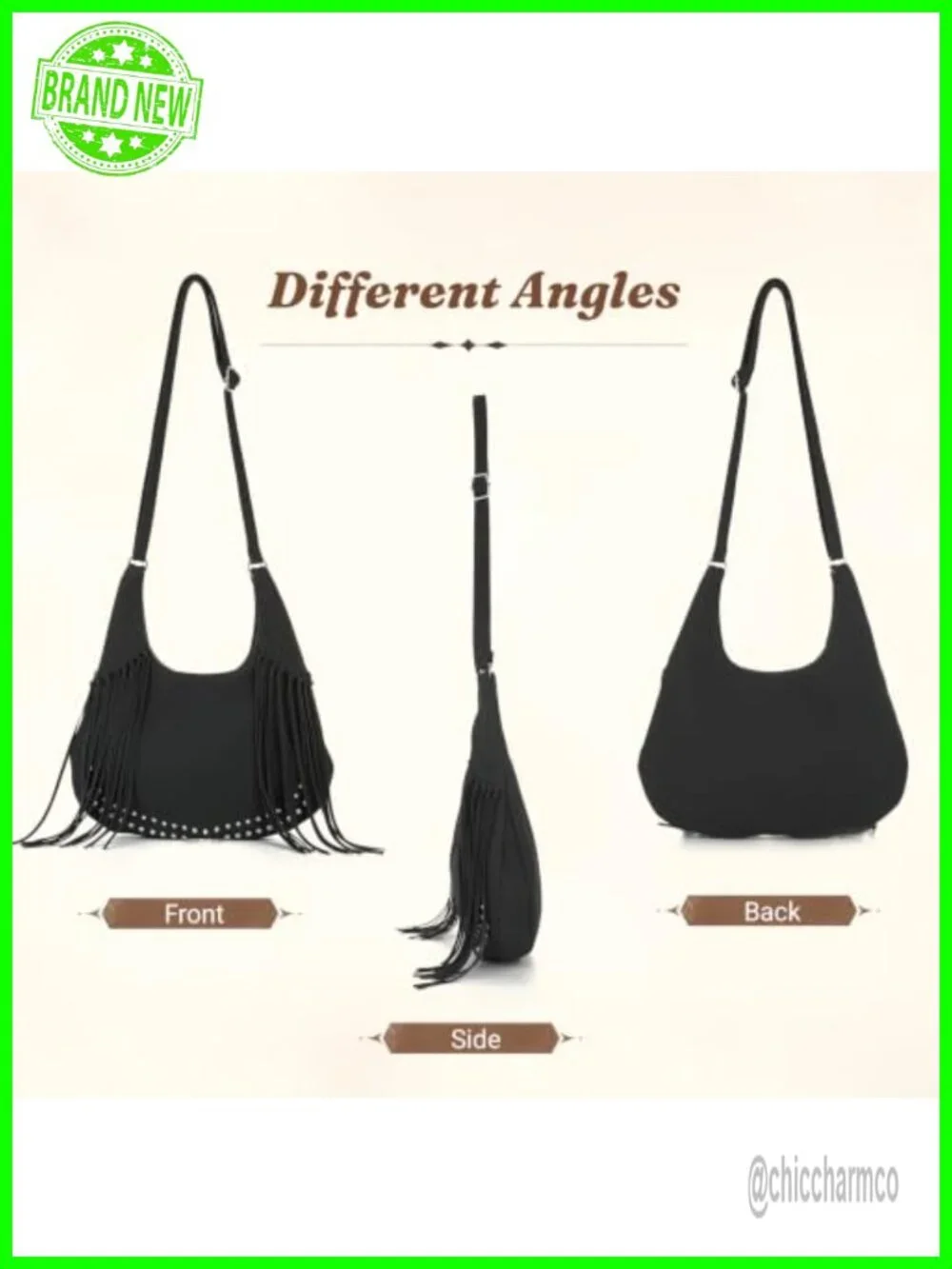 Vintage Suede Fringe Hobo Bag Crossbody Tassel Shoulder Purse Boho with Studs